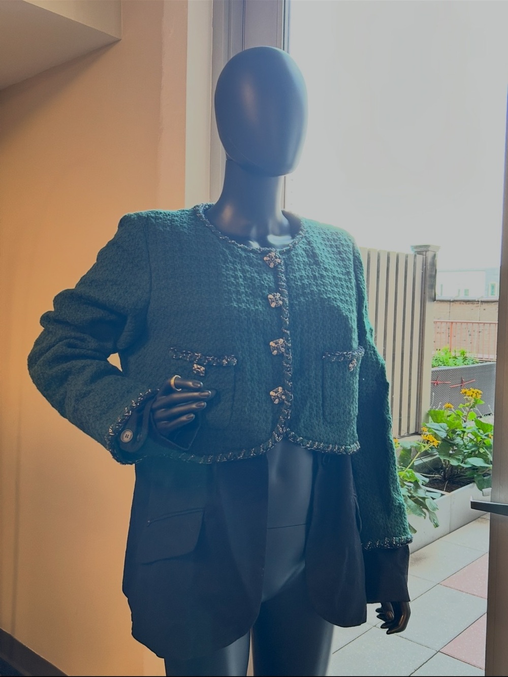Chanel Green Silk • Tweed Jacket • Size 48 (ring not included)